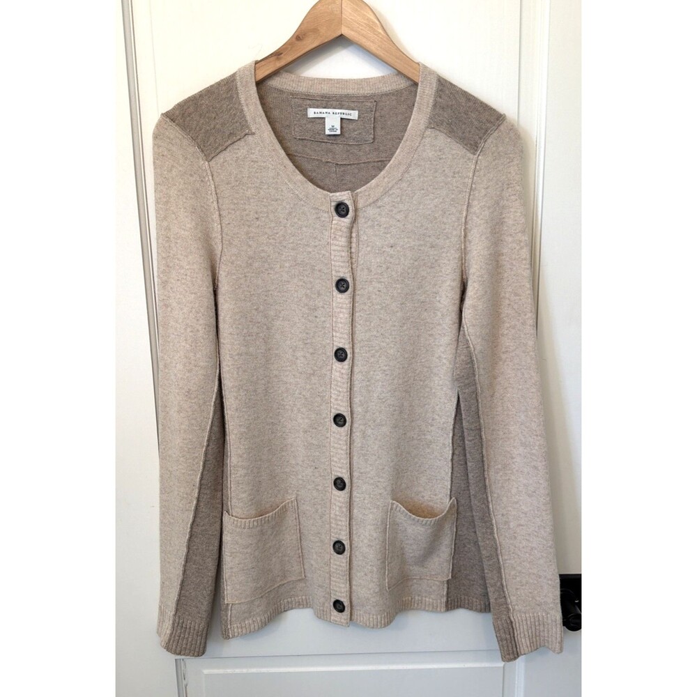 Banana Republic Oat Brown Cardigan M Lamb Wool Cashmere Color Block Button Front